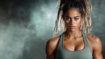 Strong female fitness competitor with intense expression and athletic build photo