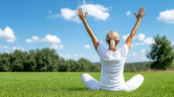 woman practicing yoga outdoors, enjoying fresh air and sunshine photo