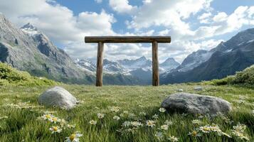 serene mountain shrine with wooden torii gate surrounded by flowers photo