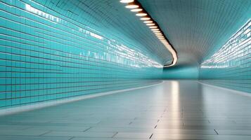 modern underground tunnel with turquoise tiles and bright lights photo