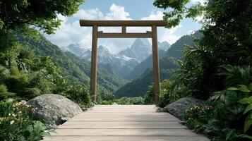 serene mountain shrine with wooden torii gate surrounded by lush greenery photo