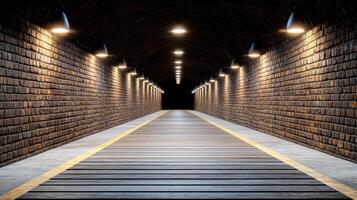 dark underground tunnel with illuminated brick walls and wooden floor photo