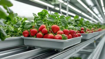 Fresh strawberries on conveyor belts in modern automated farm setup photo