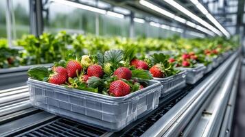 Fresh strawberries in automated farm conveyor system, showcasing efficiency and quality photo