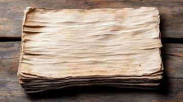 Ancient worn paper stacked on wooden surface, evoking history and fragility photo