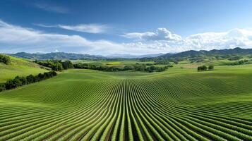 A beautiful view of a field with rows of green crops photo