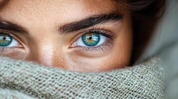 A woman with green eyes covered by a blanket photo