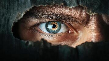 A man's eye peeking through a hole in a wooden wall photo