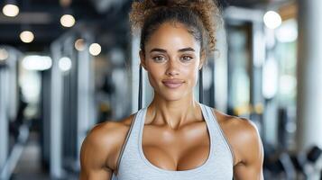confident woman in gym, showcasing her strength and fitness photo