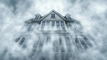 haunting abandoned mansion shrouded in eerie fog and mystery photo