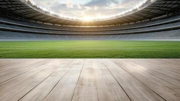 serene empty stadium at dusk with vibrant green grass and wooden flooring photo