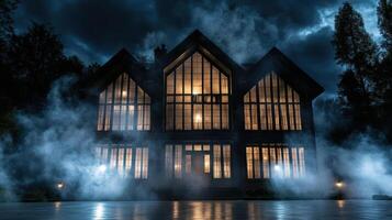hauntingly beautiful mansion shrouded in mist and mystery at night photo