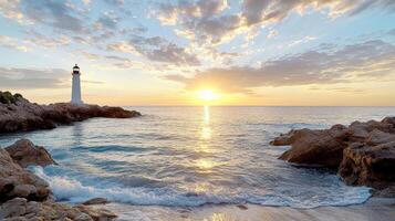 distant lighthouse stands tall on rocky cliff at sunset, illuminating serene ocean photo