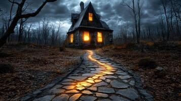 decrepit haunted mansion with glowing windows at night photo