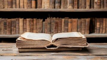 ancient manuscript resting on wooden table, surrounded by dusty books photo