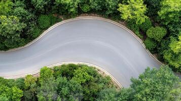 Winding road surrounded by lush greenery and trees from above photo