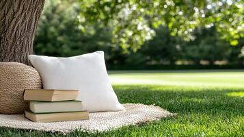 Cozy outdoor reading nook with cushions and books under tree photo