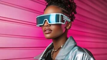 A woman wearing neon sunglasses and a silver jacket photo