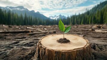 A tree stump with a young plant growing out of it photo