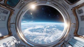 An astronaut's view of earth from the window of a space station photo