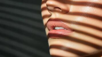A woman's face is covered by blinds photo