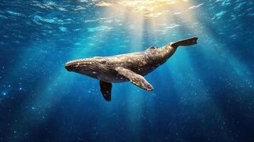 A whale swimming in the ocean with sunlight shining down photo