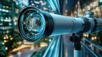 A camera lens with a cityscape in the background photo
