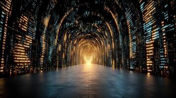 A long tunnel with many lights and a light at the end photo