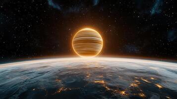 glowing gas giant planet rises above distant horizon, illuminating space photo