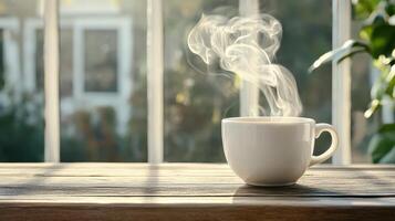 serene scene of steam rising from white cup on wooden table photo
