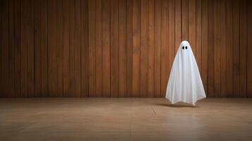ghostly figure in white sheet stands in wooden room, evoking mystery photo