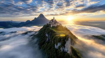 Majestic medieval castle on mountain peak with golden sunlight photo