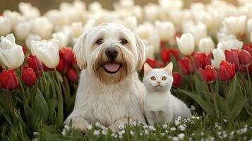 dog and cat happily playing in field of colorful tulips photo