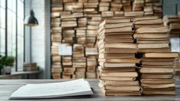 stack of old books beside handwritten notes in vintage office setting photo