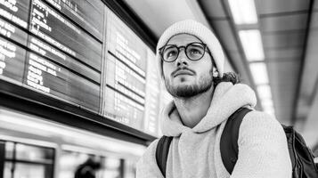 traveler in cozy sweater and beanie gazes thoughtfully at departure board photo