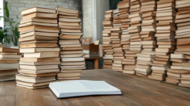cozy library scene with stacks of old books and notebook on wooden table photo