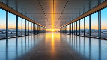 stunning view of empty airport walkway with sunset glow photo