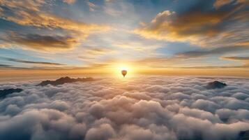 hot air balloon floats above clouds at sunset, creating dreamy scene photo