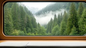 foggy forest view through train window, showcasing tall pine trees and mist photo