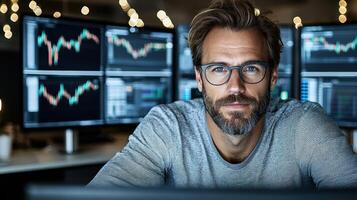A man with glasses and a beard sitting in front of multiple computer screens photo
