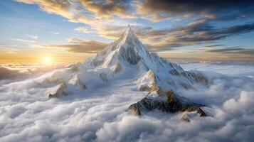 A mountain is seen above the clouds in this photo