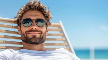 A man with sunglasses and a beard is relaxing on a beach chair photo