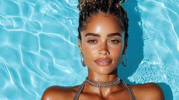 A woman in a bikini laying in a pool photo