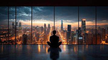A man sitting in front of a large window looking out at the city photo
