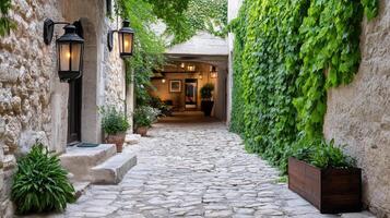 serene medieval alleyway with cobblestones and lush ivy photo