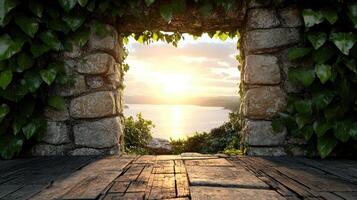 serene view of sunset over water framed by stone archway covered in ivy photo