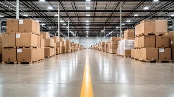 Large warehouse filled with stacked cardboard boxes and pallets photo