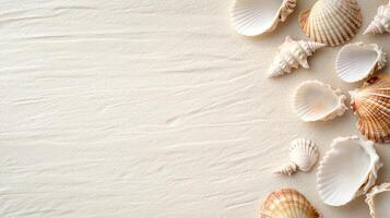 Seashells scattered on sandy beach, creating serene coastal vibe photo