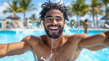 A man is smiling in the pool and taking a selfie photo