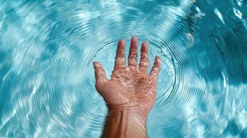 A hand reaching out into the water with a wave photo